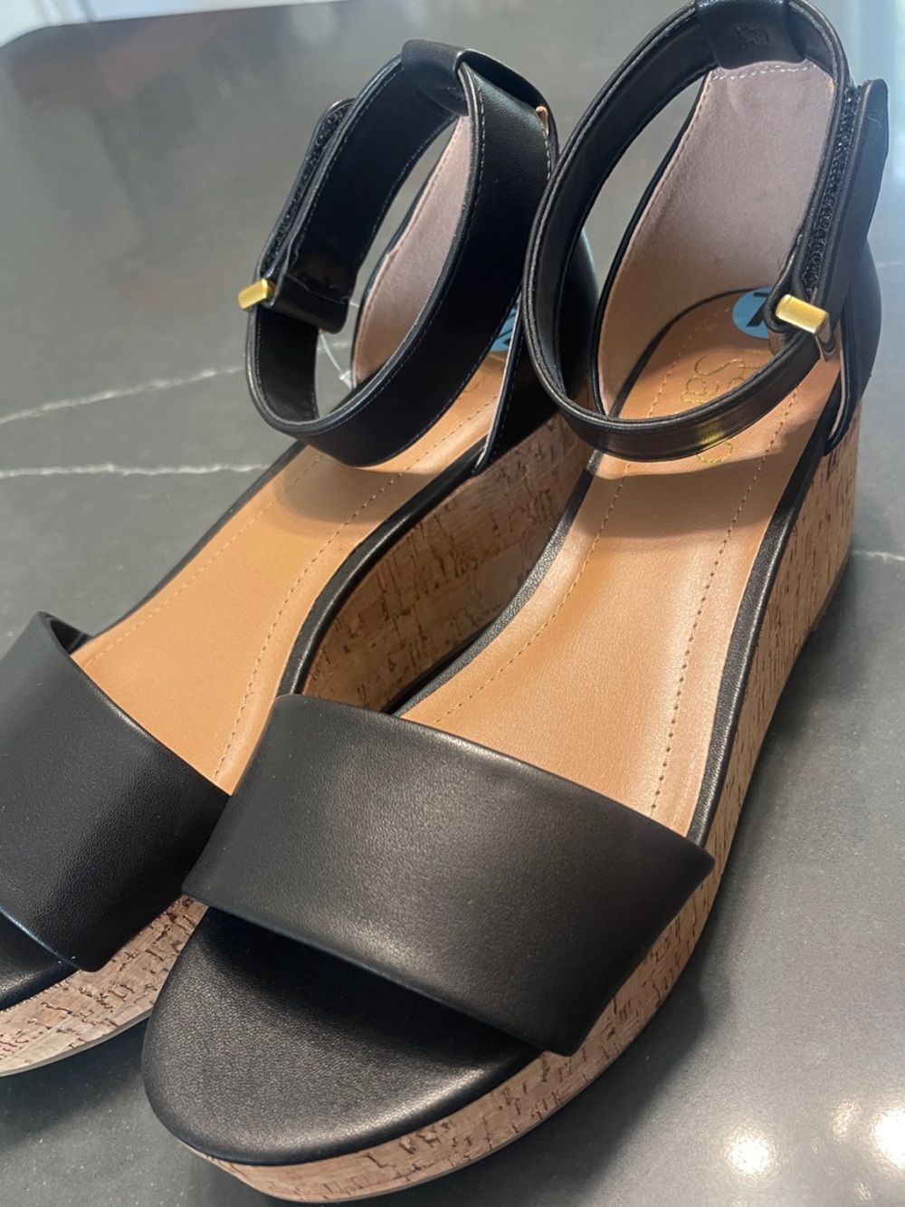 7.5 Franco Sarto Black Cork Platform Wedge Sandals (new without box)